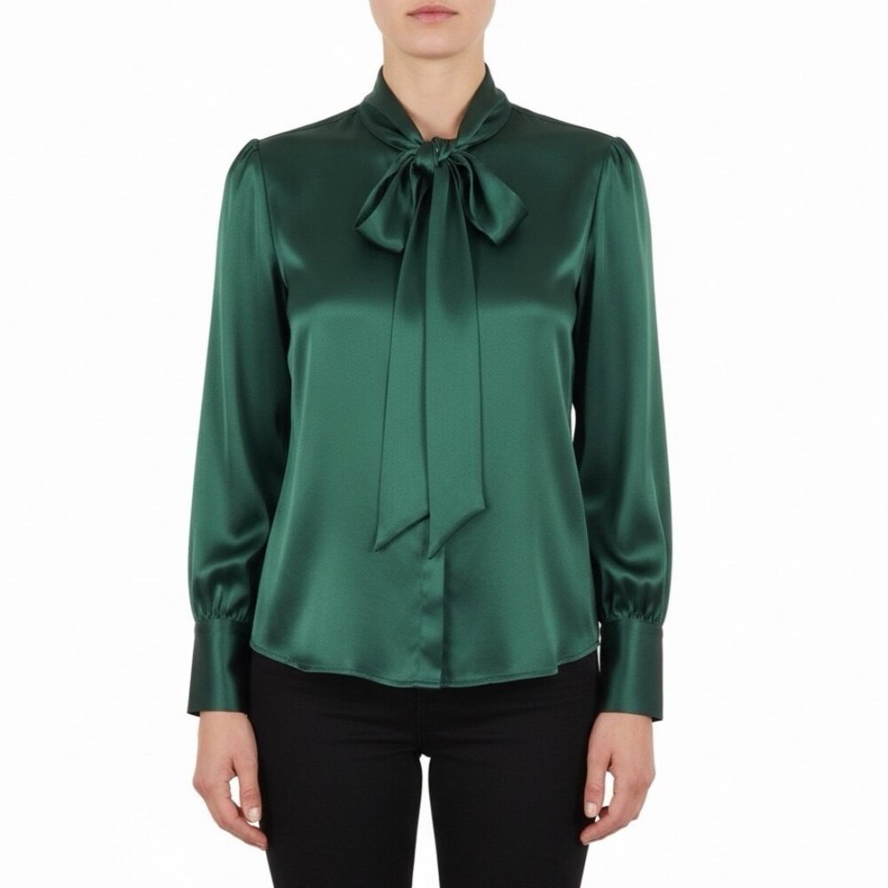 LilySilk Womens Green Mulberry Silk Bow-Tie Blouse Satin Button Cuffs Sz M - Picture 12 of 12